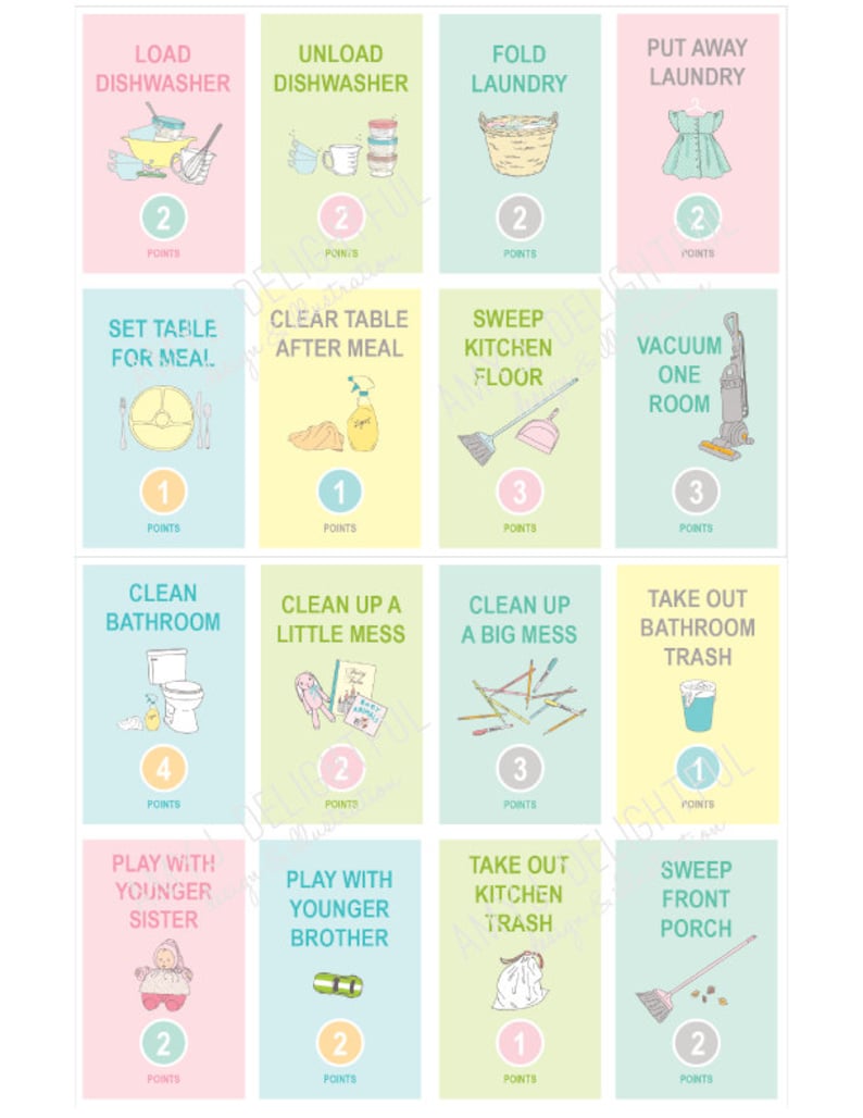 Childrens Printable Chore Cards With Points Digital File Etsy