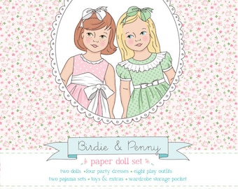 Birdie & Penny Printable Paper Dolls - PDF instant download - red hair and freckles, blonde with blue eyes, COLORABLE CLOTHES