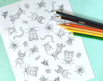 Printable CREEPY CRAWLERS/Bugs Coloring Page- Digital File- Instant Download spider, ant, moth, beetle, worm, grasshopper