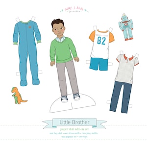 Printable LITTLE BROTHER add-on set - PDF instant download - boy paper doll, clothes, toys, colorable, coloring page, darker skin