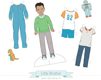 Printable LITTLE BROTHER add-on set - PDF instant download - boy paper doll, clothes, toys, colorable, coloring page, darker skin