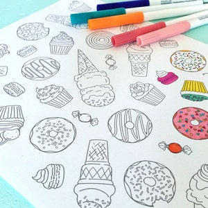 Printable SWEETS Coloring Page Digital File Instant Download donuts, ice cream cone, macaroon, candy, cupcake image 1