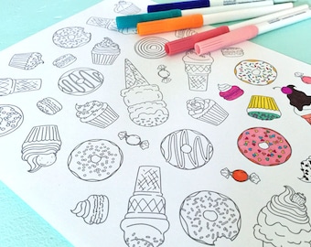 Printable SWEETS Coloring Page- Digital File- Instant Download donuts, ice cream cone, macaroon, candy, cupcake