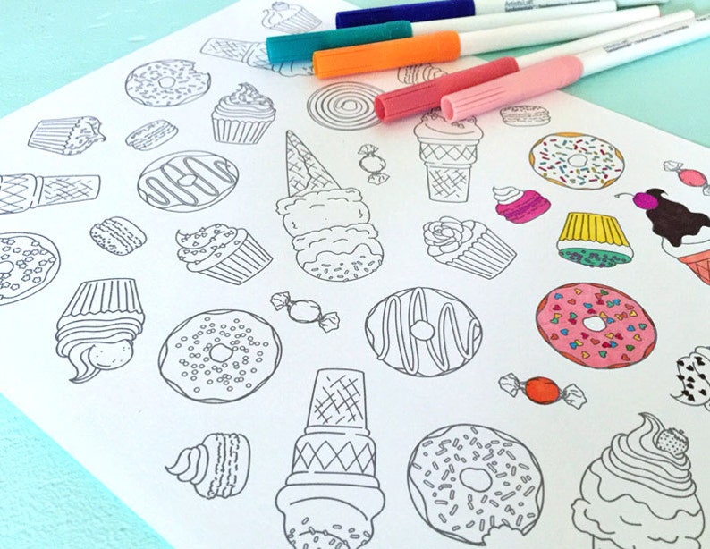 Printable SWEETS Coloring Page Digital File Instant Download donuts, ice cream cone, macaroon, candy, cupcake image 1