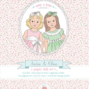 Sadie & Elsie Printable Paper Dolls - PDF instant download - blonde curly hair and blue eyes, brown hair with gray eyes, COLORABLE CLOTHES