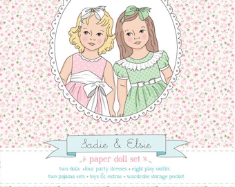 Muñecas de papel imprimibles Sadie & Elsie - Descarga instantánea en PDF - cabello rubio rizado y ojos azules, cabello castaño con ojos grises, ROPA COLORABLE