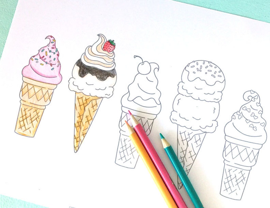Printable ICE CREAM CONES Coloring Page Digital File Instant Sweets ...