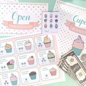 Printable CUPCAKE BAKERY- Pretend Play - Instant PDF Download- menu board, tickets, signs, imaginative, restaurant, sweets, treats