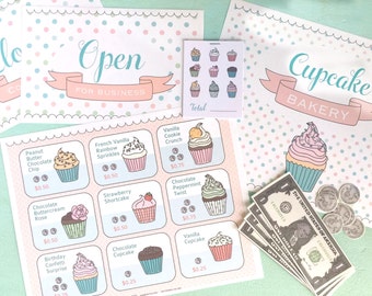 Printable CUPCAKE BAKERY- Pretend Play - Instant PDF Download- menu board, tickets, signs, imaginative, restaurant, sweets, treats