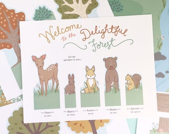 Printable Delightful Forest Play set- Instant PDF Download- woodland critters with background scene play mat