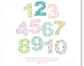Whimsical Floral Patterned Numbers art print- digital file, instant download- flowers, ditsy, calico, little girl
