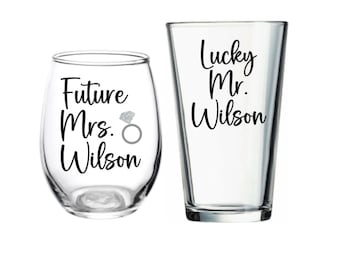 Engagement Glasses, Future Mrs, Lucky Mr, Engagement Gift, Personalized, Wine Glass, Your Name, Last Name, Engagement, Ring, Gift, Couple