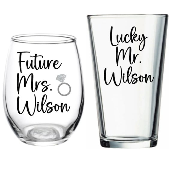 Engagement Glasses, Future Mrs, Lucky Mr, Engagement Gift, Personalized, Wine Glass, Your Name, Last Name, Engagement, Ring, Gift, Couple