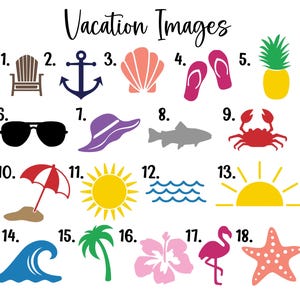 Puede incluir: Una colecci&oacute;n de ilustraciones con tem&aacute;tica de vacaciones. Incluye una silla de playa, un ancla, una concha, chanclas, una pi&ntilde;a, gafas de sol, un sombrero para el sol, un pez, un cangrejo, una sombrilla, un sol, olas, una palmera, un hibisco, un flamenco y una estrella de mar.