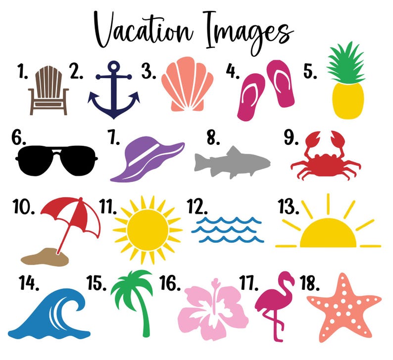 Puede incluir: Una colecci&oacute;n de ilustraciones con tem&aacute;tica de vacaciones. Incluye una silla de playa, un ancla, una concha, chanclas, una pi&ntilde;a, gafas de sol, un sombrero para el sol, un pez, un cangrejo, una sombrilla, un sol, olas, una palmera, un hibisco, un flamenco y una estrella de mar.
