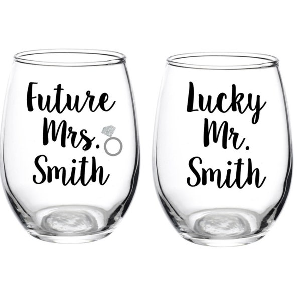 Engagement Gift, Future Mrs, Lucky Mr, Engagement Glass, Personalized Engagement, Gift for Couple, Wine Glass, Gift, Ring, Your Name, Beer