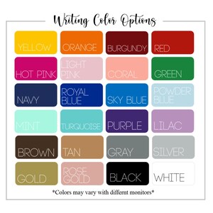 Puede incluir: Una carta de colores con el texto "Writing Color Options" en la parte superior. La tabla muestra una cuadr&iacute;cula de muestras de color, cada una etiquetada con un nombre de color, incluyendo amarillo, naranja, borgo&ntilde;a, rojo, rosa fuerte, rosa claro, coral, verde, azul marino, azul real, azul cielo, azul claro, menta, turquesa, morado, lila, marr&oacute;n, beige, gris, plata, oro, oro rosa, negro y blanco.