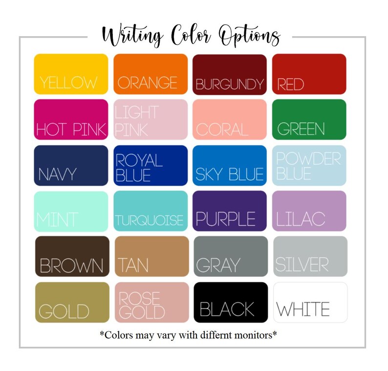 Puede incluir: Una carta de colores con el texto "Writing Color Options" en la parte superior. La tabla muestra una cuadr&iacute;cula de muestras de color, cada una etiquetada con un nombre de color, incluyendo amarillo, naranja, borgo&ntilde;a, rojo, rosa fuerte, rosa claro, coral, verde, azul marino, azul real, azul cielo, azul claro, menta, turquesa, morado, lila, marr&oacute;n, beige, gris, plata, oro, oro rosa, negro y blanco.