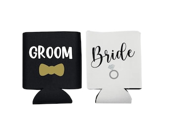 Bride and Groom, Can Cooler, Groom, Bride, Personalized, Beer Holder, Wedding Day, Bridal Shower Gift, Rehearsal Gift, Wife, Ring, Drinks