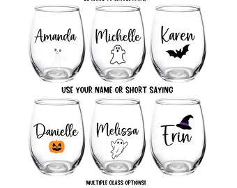 Tu texto Copa de Halloween, Tu nombre, Tu texto, Copa de vino de Halloween, Copa de vino, Personalizada, Bruja, Fantasma, Esqueleto, Espeluznante, Fiesta de brujas