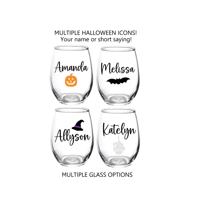 May include: Four clear glass wine glasses with Halloween-themed designs and names. The glasses feature a pumpkin, a bat, a witch's hat, and a skeleton hand.