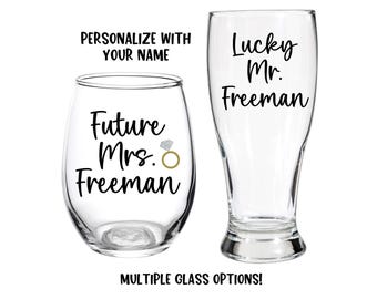 Future Mrs Glass, Lucky Mr Glass, Engagement Glasses, Future Mrs Gift, Engagement Gift, Basket, Ring, Gift for Couple, Wine Glass, Beer