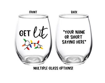 Vaso Get Lit, Get Lit, Let's Get Lit, Vaso de Navidad, Copa de vino navideña, Vaso Friendsmas, Navidad, Bebidas, Cerveza, Recuerdo, Fiesta, Regalo