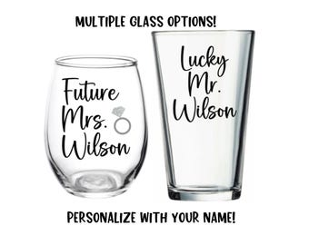Engagement Glasses, Future Mrs, Lucky Mr, Engagement Gift, Personalized, Wine Glass, Your Name, Last Name, Engagement, Ring, Gift, Couple