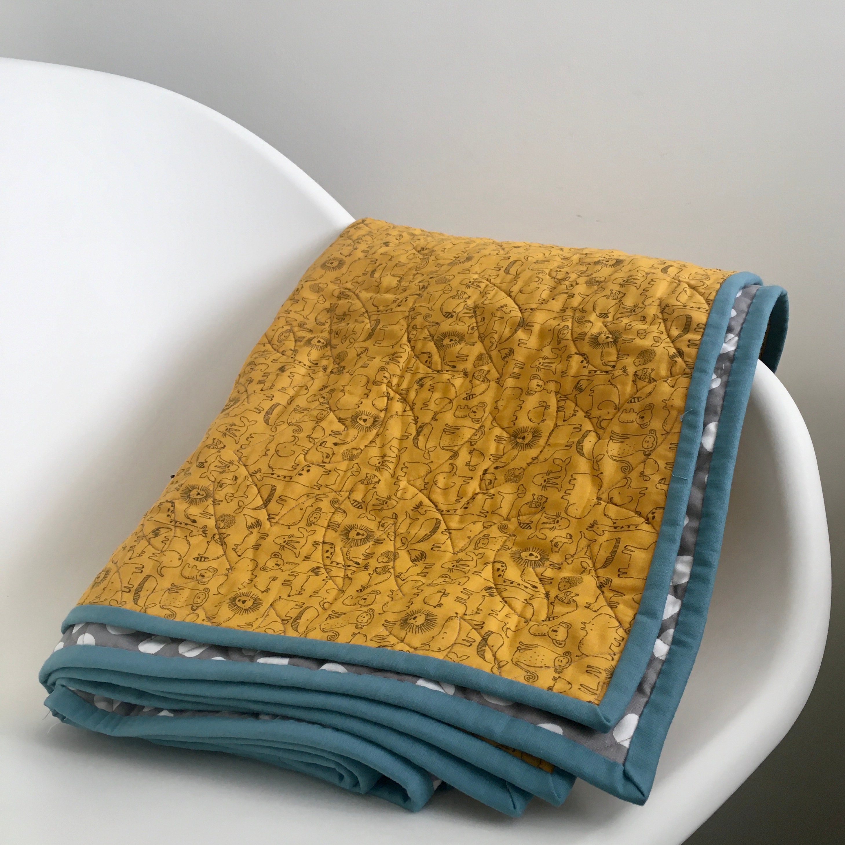 Large Soft Childs Quilt Animals Mustard and Grey Throw Blanket Etsy UK