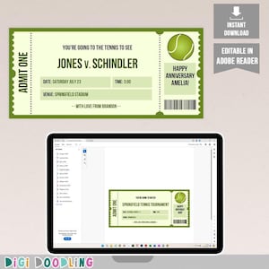 Modello di biglietto a sorpresa per il tennis. Biglietto per partita di tennis. Biglietto regalo per torneo di tennis. Buono regalo per il tennis. Modificabile. Stampabile.