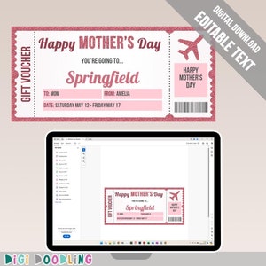 Plantilla imprimible de tarjeta de embarque para el Día de la Madre. Boleto de vacaciones para el Día de la Madre. Revelación de viaje sorpresa para el Día de la Madre. Editable en Adobe Reader.