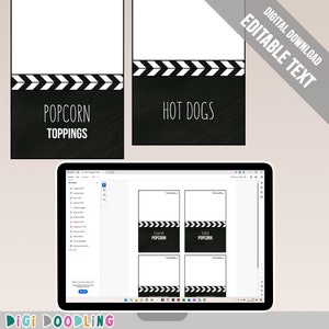 Printable Movie Party Food Labels Template. Movie Food Tent Cards. Movie Party Decorations. Editable in Adobe Reader.