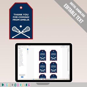 Printable Lacrosse Party Favor Tags (Dark Blue): Editable Thank You Tags (PDF Template)