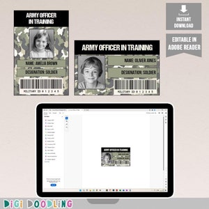 Printable Army Officer Costume ID Card Template. Army Officer ID Card. Soldier ID. Soldier Costume For Kids. Army Party Favors. Editable.