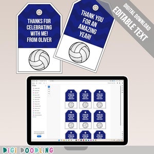 Printable Volleyball Party Favor Tags (Blue). Volleyball Thank You Tags. Volleyball Birthday Party Tags. Volleyball Tags. Editable in Adobe.