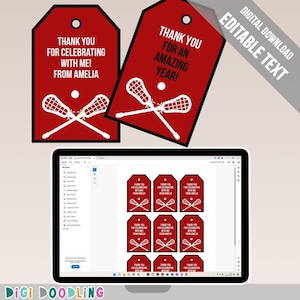 Printable Lacrosse Party Favor Tags (Red). Lacrosse Thank You Tags. Lacrosse Birthday Party Favor Bag Tags. Editable in Adobe Reader.