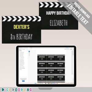 Printable Movie Clapboard Cupcake Toppers: Birthday Party Decor. Editable PDF