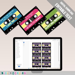 Afdrukbare cassettebandjes (6 kleuren). Bedankkaartjes cassettebandje. Cassettebandje bedankkaartjes. Bedankt-stickers. Bewerken in Adobe Reader.