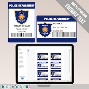 Placa de identificación policial imprimible. Para juegos de simulación o fiestas de cumpleaños policiales. Editable en Adobe Reader.