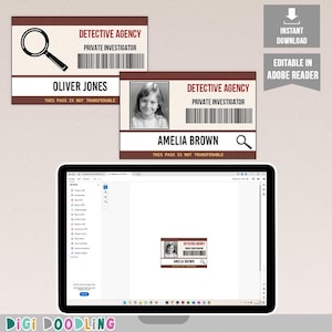 Detective ID Badge Template. Printable Private Investigator ID Card Template. Detective Costume DIY Name Tag. Detective Party Favors.