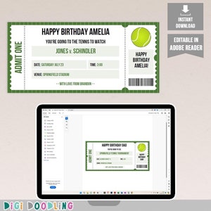 Plantilla de boleto de tenis sorpresa imprimible. CUALQUIER TEXTO. Boleto de partido de tenis. Boleto de regalo de torneo de tenis. Vale de regalo de tenis. Editable.