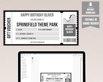 May include: Editable printable birthday ticket for a theme park. The ticket is black and white with the text "Happy Birthday Oliver" and "Springfield Theme Park".