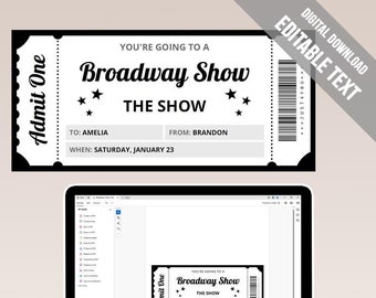 Afdrukbaar ticketsjabloon Broadway Show: verrassingscadeau-onthulling (bewerkbare pdf)