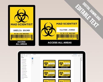 Printable Science Party ID Badge Template. Mad Scientist ID Badge Template. Mad Scientist Name Tag. Science Class Name Tag. Edit In Adobe.