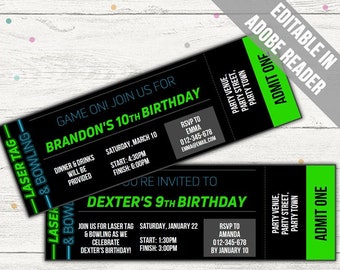 Laser Tag and Bowling Invite. Laser Tag and Bowling Party. Laser Tag and Bowling Birthday Invitations. Editable. Instant Download. GREEN.