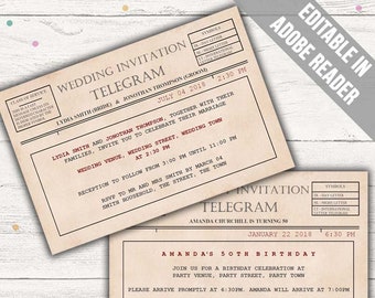 Telegram Invitation Template (Baby Shower, Wedding, Birthday, Retirement). Editable PDF. Printable. Instant Download.