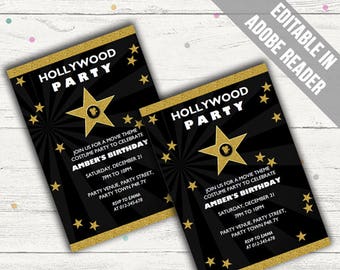 Hollywood Party Invitations Editable Pdf Printable Instant Etsy