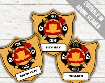 Fire Chief Badge Printable (Fireman Party Printable). Printable PDF (EDITABLE). Instant Download.