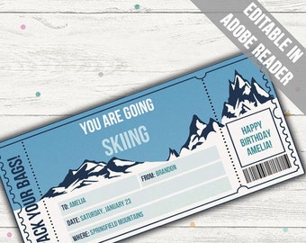 Ski Trip Ticket Vorlage. Überraschung Ski Ausflug offenbaren. Ski Ausflug Geschenkgutschein. Skikurs Geschenk. Veränderbar. Druckbar.