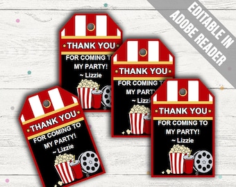 Movie Party Favor Tags (Movie Thank You Tags). Printable PDF (EDITABLE). Instant Download.